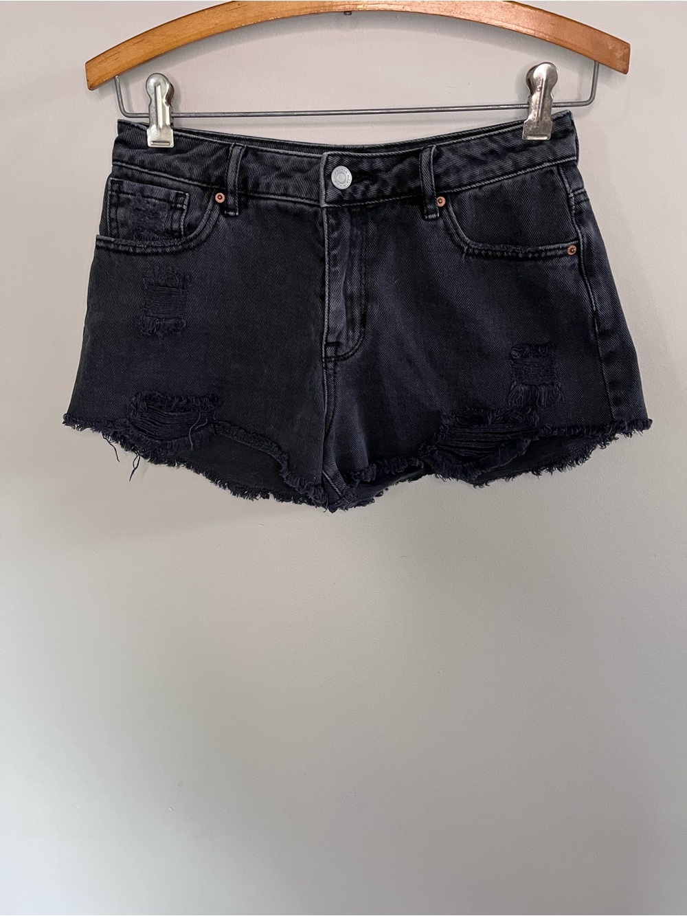 PacSun Black Distressed Denim Shorts High Waisted Frayed Hem Size 25